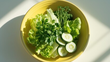Fresh Green Vegetables in a Yellow Bowl with Vibrant Shadows