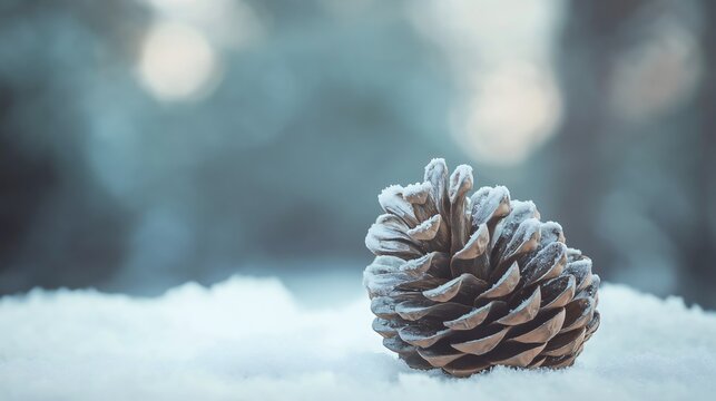 Pine cone with snow in a winter nature setting, surrounded by frost and cold in a Christmas forest, capturing seasonal woodsy charm, holiday vibes, and a tranquil outdoor scene in close-up detail