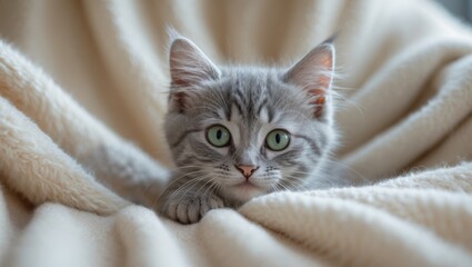playful gray kitten peeks over soft surface with curious eyes