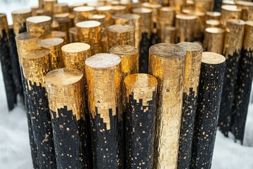 A unique sight of golden and black logs arranged organically in a snowy landscape, combining natural elements with an artistic twist, igniting curiosity and intrigue.