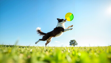 Border collie leaping to catch colorful frisbee in sunny field, joyful freedom
