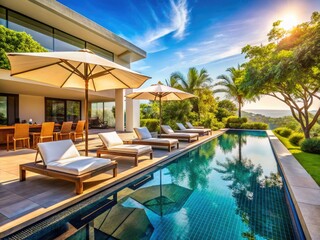 Fototapeta premium Indulge in serene poolside luxury: sun loungers, umbrellas, crystal waters await.