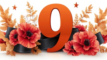 Bold orange number 9 with red poppies and autumn leaves on white background. May 9, Defender of the Fatherland Day, Victory Day, February 23, Mother's Day