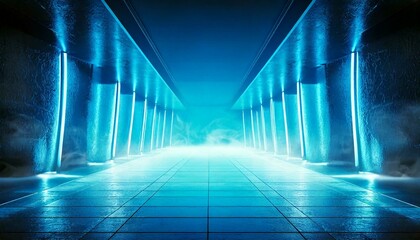 Fototapeta premium Futuristic Spaceship Neon Fluorescent Luminous Luxurious Led Laser Blue Lights Glowing Dark Grunge Concrete Tunnel Corridor Tiled Floor Alien 3D Rendering Illustration