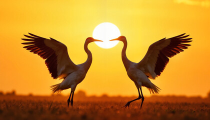 Fototapeta premium Majestic cranes synchronizing movements at sunset, beauty in nature