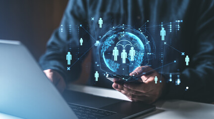 Digital illustration of social network communication concept with icons on a futuristic interface in a professional setting.