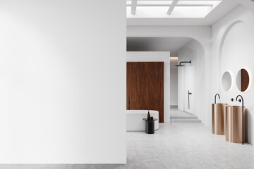 Minimalist bathroom interior with textured wooden panel, copper sinks, and white walls. 3D Rendering