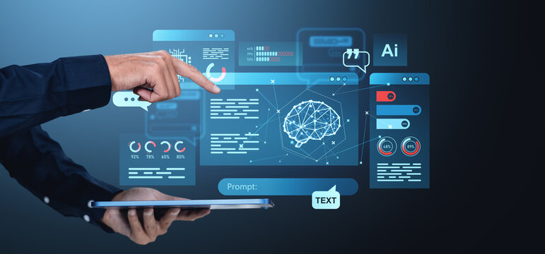 Interactive AI interface with holographic tech elements on dark background. - Powered by Adobe