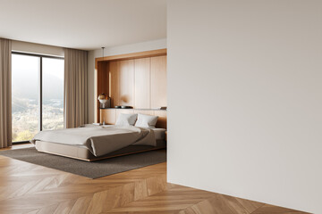 Modern bedroom interior with wooden accents, large window, and blank white wall for customizable mockup or design template. 3D Rendering