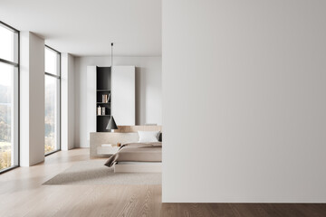 Minimalist bedroom interior with large windows, cozy bed, bookshelf, and blank wall for mockup purposes in modern design. 3D Rendering © ImageFlow