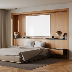Modern bedroom interior with blank poster frame on wooden panel wall above bed. 3D Rendering