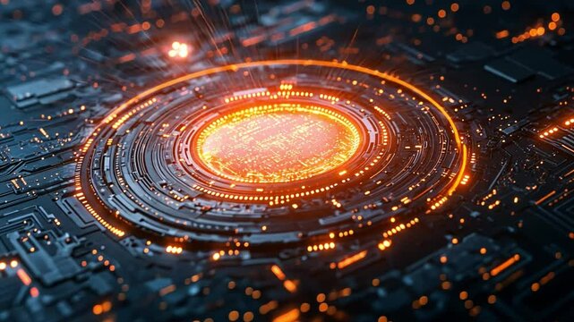 Cybernetic Core: A mesmerizing abstract image of a glowing orange core surrounded by intricate circuitry. The futuristic design evokes a sense of power, technology, and innovation. 