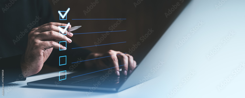 Poster digital checklist and user interaction with glowing checkboxes.