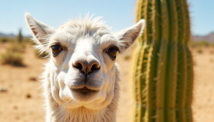 Obraz premium Curious llama gazing at a cactus in arid desert landscape, nature's wonder