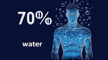 Illustrated caucasian man composed of water with bubbles showing 70 percent
