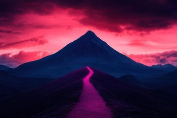 Vibrant trail leading to a glowing peak, with the sky opening to reveal infinite possibilities, mountain journey, success