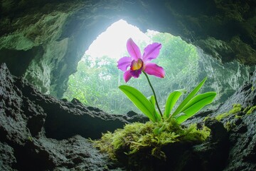 A stunning pink orchid beautifully framed by the mouth of a cave, symbolizing hope and new beginnings amidst rugged surroundings and the beauty of nature's design.