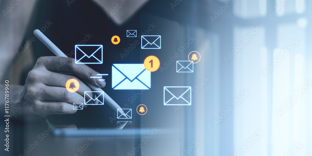Poster digital communication concept featuring email icons and notifications floating over a person using a