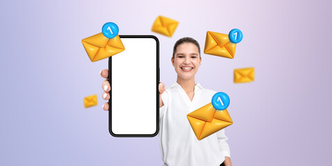 Woman holding smartphone with blank screen surrounded by incomin