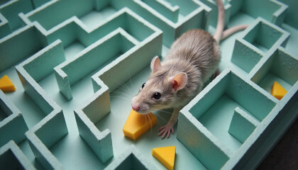 Playful rat exploring maze with cheese, indoor adventure