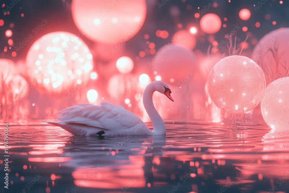 Aufkleber a whimsical scene featuring a swan swimming serenely amidst glowing bubbles, creating a fantastical 