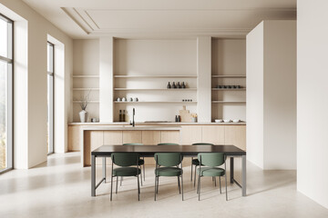 Modern kitchen interior with wooden cabinets, open shelves, and elegant dining table with green chairs, showcasing minimalist design. 3D Rendering