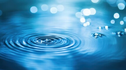 Water droplet creating concentric ripples on a calm blue surface with bokeh lights.