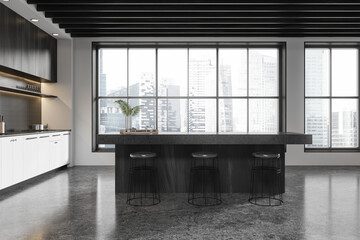 Modern kitchen with gray stone island, bar stools, large windows overlooking cityscape, and sleek cabinetry. 3D Rendering