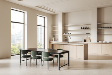 Modern kitchen interior with wooden cabinets, minimalistic dining setup, and large windows offering a bright and airy ambiance. 3D Rendering