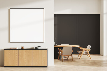 Blank poster mockup on light wall above wooden cabinet with a modern dining area nearby. 3D Rendering