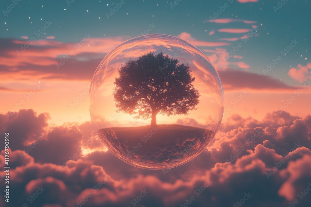Poster A floating bubble encapsulates a tree situated above clouds at sunset, evoking dreams of fantasy and beauty in a surreal, ethereal environment.
