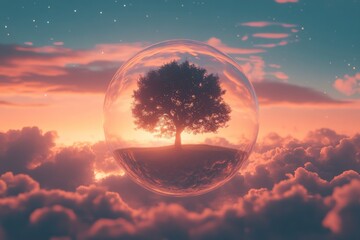 A floating bubble encapsulates a tree situated above clouds at sunset, evoking dreams of fantasy and beauty in a surreal, ethereal environment.