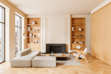 Minimalist living room with beige furniture, wooden shelves, and modern design details. 3D Rendering