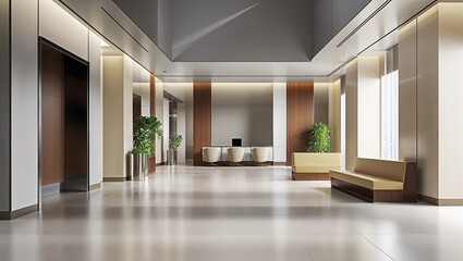 A modern and contemporary office lobby with a waiting room provides perfect setting for showcasing of office with minimilistic elegent colours, generated with ai