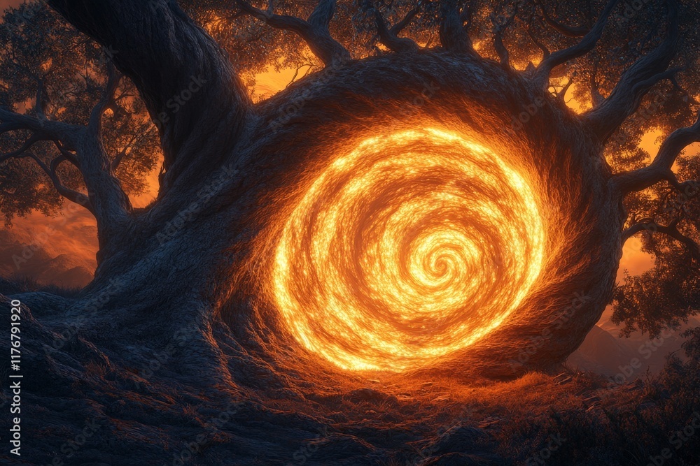Poster A mesmerizing image of a tree with a fiery spiral core, capturing the essence of transformation and enchantment in a dramatic sunset backdrop.