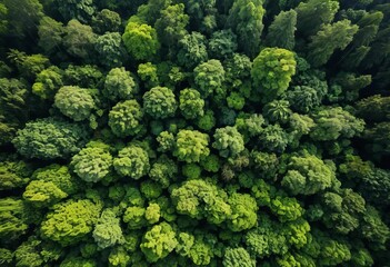 Naklejka premium A drone view of a lush green forest with trees and a small river running through