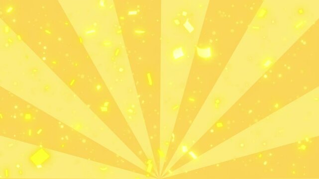 金色のサンバースト(放射状ストライプ)が回転しながら紙吹雪が舞い落ちるお祝い向け背景素材 
Golden sunburst (radial stripes) rotating and falling confetti background for celebrations.