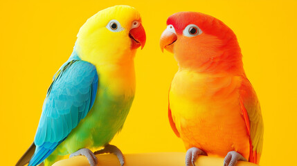 Vibrant lovebirds on bright yellow background with colorful plumage, parrots couple