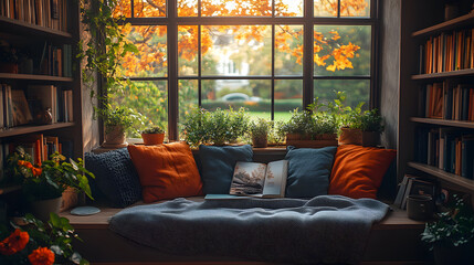 Fototapeta premium A stunning photography of a cozy reading nook, with pillows and blankets arranged under a window, bathed in warm afternoon sunlight, creating a peaceful retreat.