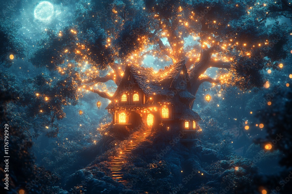 Poster This mesmerizing image depicts an ethereal treehouse aglow with golden luminescence amidst a moonlit forest, symbolizing dreams, hope, and the magic found in nature.