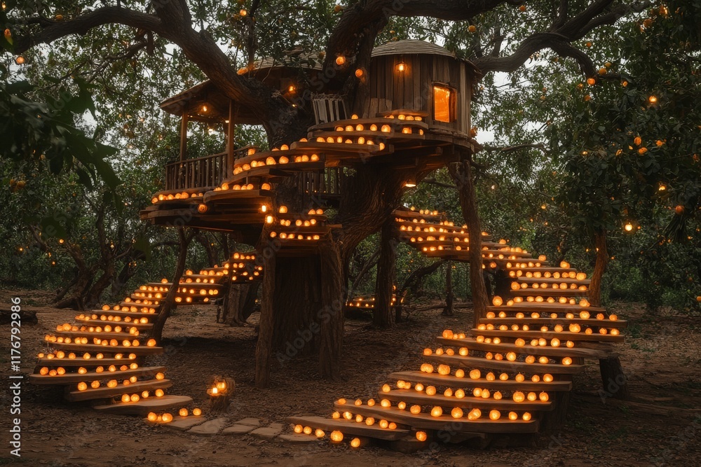 Poster A magical treehouse adorned with glowing lanterns, set amongst lush greenery, creating a warm and inviting atmosphere that captures the essence of adventure and imagination.