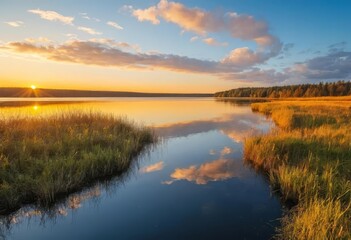 Fototapeta premium A beautiful sunset over a lake with a vibrant orange and yellow sky