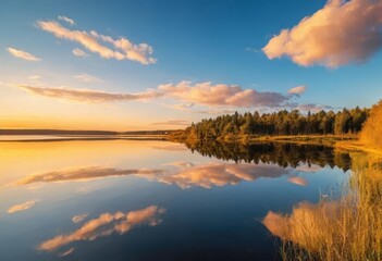 Fototapeta premium A beautiful sunset over a lake with a vibrant orange and yellow sky
