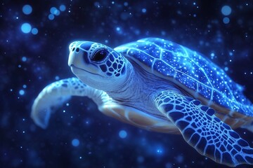 Fototapeta premium A luminous turtle glides gracefully through a cosmic underwater realm, symbolizing exploration and wonder amidst an array of celestial colors and ethereal beauty.