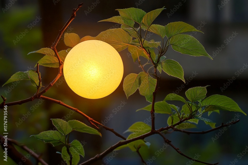 Poster a soft glowing sphere nestled in lush foliage, casting a gentle light that symbolizes peace and harm