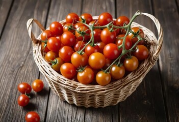 A basket of ripe cherry tomatoes on a wooden table with a rustic background