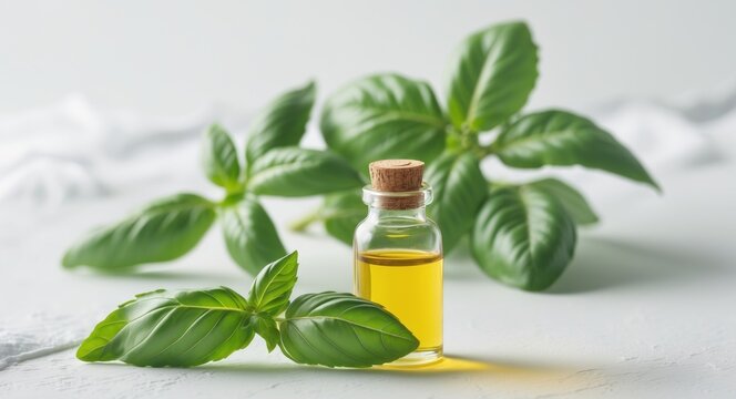 Fresh basil leaves and herbal oil displayed beautifully for natural skincare solutions