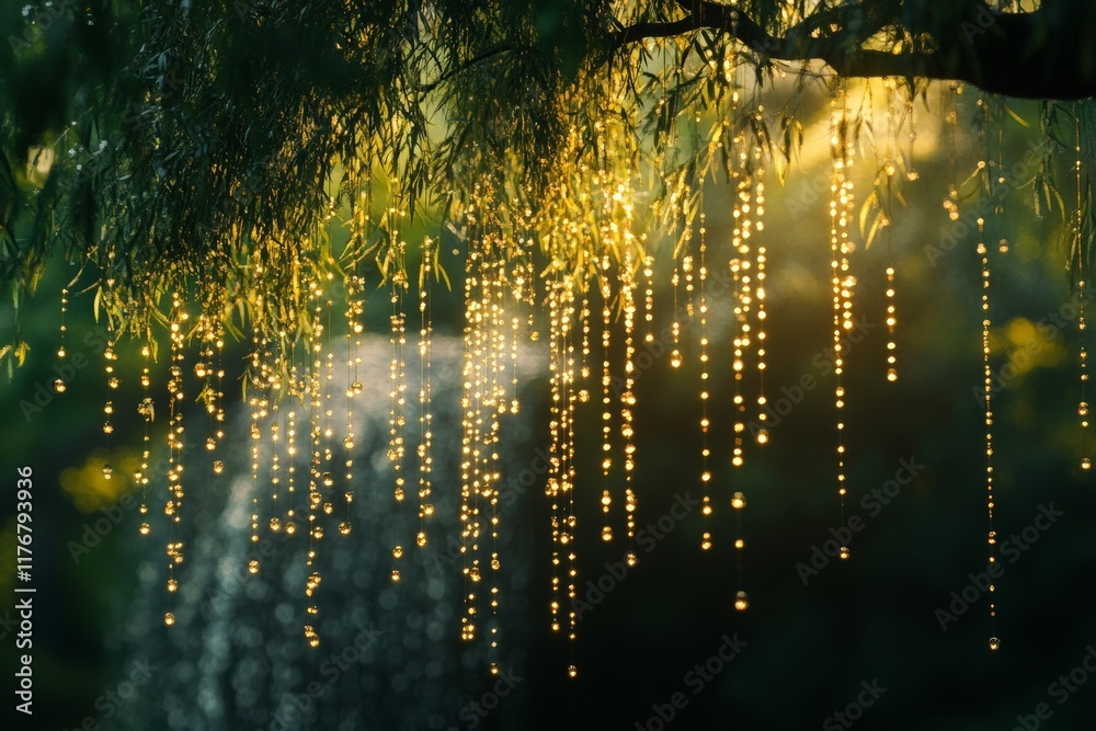 Poster a magical scene where sunlight creates glowing droplets hanging from a weeping willow, evoking a sen