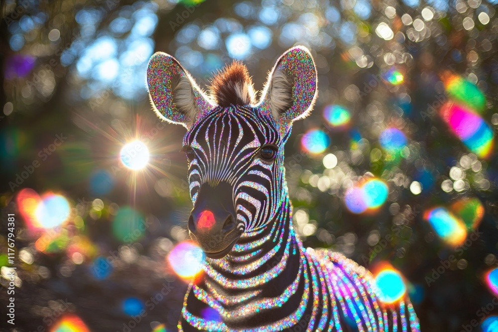 Poster A mesmerizing image of a zebra exhibits a vibrant glow with sunlight sparkling around, creating a magical and ethereal atmosphere that enchants the viewer’s imagination.