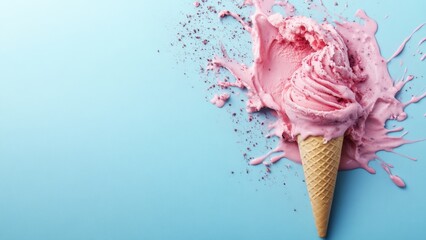 Melting pink ice cream cone on a blue background during summer